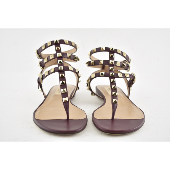Valentino Rockstud Red Burgundy Leather Triple Strap Gladiator Flat Sandal 35 - Picture 5 of 12